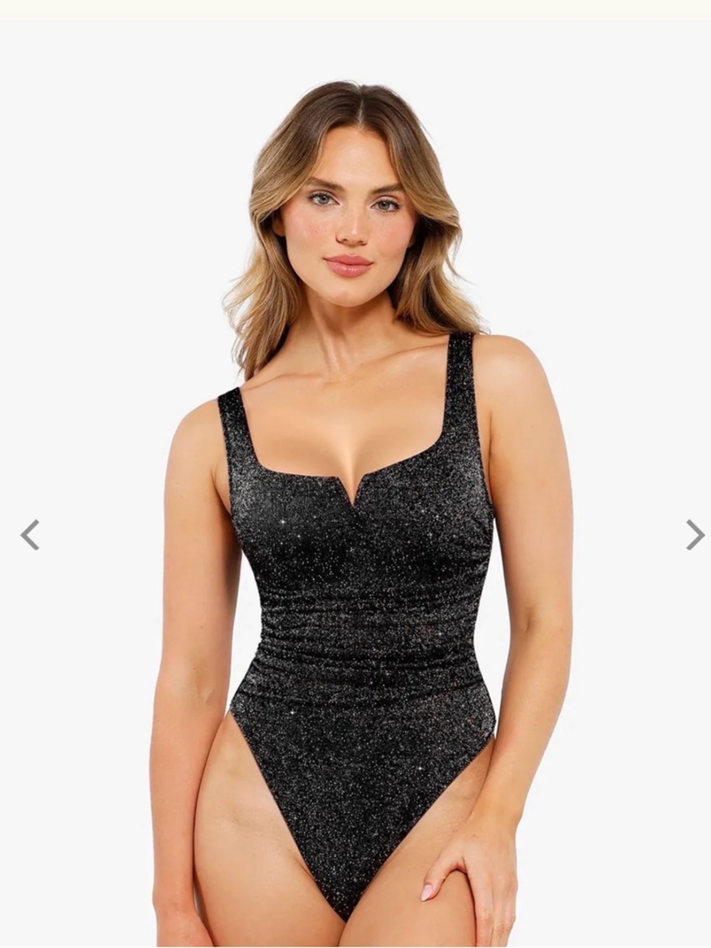 Shapewear Ruched Metallic Knit Square Neck Slimming Bodysuit
